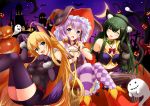  3girls animal_costume animal_ears bangs bat belt blonde_hair blush bow broom bug_(artist) checkered checkered_legwear collar crescent_moon detached_sleeves dress fang fang_out fluff frills ghost green_eyes green_hair hair_ornament halloween halloween_costume hat highres long_hair looking_at_viewer low_twintails moon multiple_girls night night_sky open_mouth paws pumpkin pumpkin_hair_ornament purple_hair red_bow red_ribbon ribbon sky smile striped striped_legwear tail tail_ribbon thigh-highs touhoku_zunko tsurumaki_maki twintails vest violet_eyes vocaloid voiceroid witch_hat yuzuki_yukari 