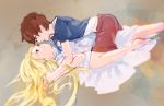  2girls anna_(omoide_no_marnie) blonde_hair blue_ribbon brown_hair casual couple dress half-closed_eyes holding_hands hon_kai interlocked_fingers long_hair lying marnie mouth_hold multiple_girls omoide_no_marnie ribbon shorts white_dress yuri 