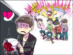  6+boys banner black_border border bouquet broken_heart brothers brown_hair choromatsu commentary_request confetti flower heart heart_in_mouth hoodie ichimatsu jacket jyushimatsu karamatsu laughing messy_hair multiple_boys osomatsu-kun osomatsu-san osomatsu_(osomatsu-kun) party_popper pointing sandals sextuplets shakata_(syakatan) shorts siblings sleeves_past_wrists smile smirk socks tearing_up tears todomatsu tongue tongue_out translation_request 