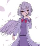  1girl angel_wings arai_togami bow brooch dress feathers jacket jewelry kishin_sagume long_sleeves looking_at_viewer open_clothes open_jacket purple_dress red_eyes short_hair silver_hair single_wing solo touhou wings 