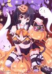  1girl ahoge animal_ears black_hair breasts cat_ears cleavage facial_mark ghost halloween highres jack-o&#039;-lantern midriff navel nugi_(armenci) original personification red_eyes short_hair solo tail thigh-highs wings 