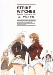  4girls black_hair blonde_hair breasts charlotte_e._yeager closed_eyes francesca_lucchini hanna-justina_marseille happy hat insignia jacket large_breasts looking_at_another military military_uniform multiple_girls no_pants official_art open_mouth orange_hair panties raisa_pottgen red_jacket short_hair simple_background standing strike_witches striped_clothes striped_panties underwear white_jacket world_witches_series 