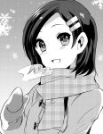  1girl black_hair breath buttons coat gloves hair_ornament hairclip highres kantai_collection kuroshio_(kantai_collection) looking_at_viewer monochrome open_mouth scarf short_hair smile snow snowflakes solo steam takeshima_(nia) upper_body winter 