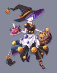  1girl alternate_costume blue_eyes blue_hair candle candy doremy_sweet dress halloween_costume hat ichi_et jack-o&#039;-lantern lollipop pom_pom_(clothes) pudding pumpkin shirt short_hair skirt solo tail touhou witch_hat 