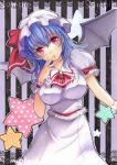  1girl bat_wings blue_hair breasts colored_pencil_(medium) frilled_shirt frilled_shirt_collar frilled_sleeves frills hat hat_ribbon head_tilt highres large_breasts long_skirt mii@chiffonx older puffy_short_sleeves puffy_sleeves red_eyes remilia_scarlet ribbon sample short_hair short_sleeves skirt solo star touhou traditional_media wings 