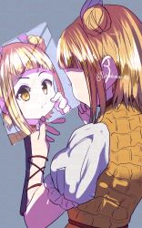  1girl ahodemoaru armor armored_dress blonde_hair double_bun from_behind hair_bun hair_ribbon hand_on_own_cheek hand_on_own_face highres joutouguu_mayumi looking_at_mirror mirror one-hour_drawing_challenge reflection ribbon short_sleeves squeezing_cheeks touhou vambraces yellow_armor yellow_eyes 