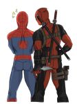  2boys ass deadpool from_behind gun holster knife kotone_a male_focus marvel multiple_boys pouch shoulder_blades spider-man spider-man_(series) superhero sword weapon 