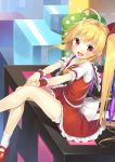  1girl ahoge blonde_hair blush commentary_request cosplay crossed_legs dress fang flandre_scarlet frills gurasion_(gurasion) hair_ribbon long_hair looking_at_viewer open_mouth red_eyes ribbon side_ponytail sitting skirt smile solo touhou 