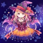  &gt;_&lt; 1girl :&gt; arms_behind_back bat_wings breasts brown_eyes brown_hair closed_eyes dress hat jewelry long_hair looking_at_viewer mizuna_tomomi necklace original silhouette smile solo star wings witch_hat 