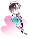  1boy :3 bowl_cut brown_hair dossei dutch_angle finger_to_mouth formal from_above hand_on_thigh highres index_finger_raised male_focus necktie osomatsu-kun osomatsu-san pink_eyes simple_background smile solo suit todomatsu white_background 