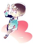  1boy bowl_cut brown_hair dossei dutch_angle formal from_above hand_on_hip highres male_focus necktie osomatsu-kun osomatsu-san osomatsu_(osomatsu-kun) red_eyes salute smile solo suit 