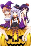  3girls absurdres blue_eyes blue_hair gochuumon_wa_usagi_desu_ka? halloween hat highres hoto_cocoa kafuu_chino legs multiple_girls nyantype official_art orange_hair purple_hair smile striped striped_legwear tedeza_rize violet_eyes witch_hat 