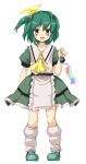  1girl :d blush cravat dress full_body green_hair highres huyusilver kneehighs looking_at_viewer mrs._estacion open_mouth red_eyes short_hair side_ponytail smile socks solo tanabata_furin wind_chime 