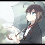  1girl ahoge alternate_costume black_hair blue_eyes braid hair_flaps hair_ornament holding holding_umbrella japanese_clothes kantai_collection letterboxed long_hair long_sleeves looking_up rain remodel_(kantai_collection) revision shigure_(kantai_collection) single_braid smile solo souji umbrella upper_body wide_sleeves 