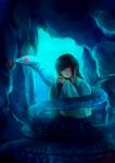 1girl black_hair blue cave daginin earrings jewelry long_hair original red_eyes see-through sitting snake tongue tongue_out 