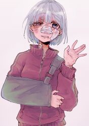  1girl arm_sling bandaged_wrist bandages blue_eyes bruise copyright_request gauze gauze_on_cheek gauze_on_neck gauze_on_nose grey_hair grin haizou_bingsan highres injury jacket purple_jacket scrape simple_background smile solo tape uneven_eyes waving zipper zipper_pull_tab 