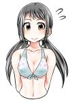  1girl bikini_top black_hair blush breasts brown_eyes idolmaster idolmaster_cinderella_girls long_hair nakano_yuka shinkai_kiiro smile solo twintails 