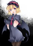  1girl alice_margatroid between_breasts black_dress black_gloves black_legwear blonde_hair blue_eyes breasts cape demon_girl demon_tail demon_wings dress gloves hairband halloween halloween_costume hammer_(sunset_beach) large_breasts lolita_hairband looking_at_viewer necktie necktie_between_breasts open_mouth pantyhose smile solo tail touhou wings 