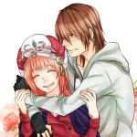  1boy 1girl atelier_(series) atelier_meruru atelier_rorona brown_eyes brown_hair closed_eyes collaboration couple fingerless_gloves gloves hetero highres hug long_hair murasaki_o namajusu orange_hair rororina_fryxell smile sterkenburg_cranach 