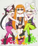  +_+ 3girls aori_(splatoon) bike_shorts black_hair blush_stickers brown_eyes crossed_legs detached_collar domino_mask dress earrings fangs food food_on_head gloves green_eyes green_legwear hotaru_(splatoon) inkling jewelry layered_clothing long_hair long_sleeves mask mazeru_(jisjifin) mole mole_under_eye multiple_girls object_on_head one_eye_closed open_mouth orange_hair paint_splatter pantyhose pointy_ears print_shirt shirt shoes short_dress short_hair short_jumpsuit short_sleeves sitting smile splatoon strapless_dress t-shirt tentacle_hair violet_eyes 