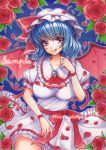  1girl bat_wings blue_hair breasts colored_pencil_(medium) flower frilled_shirt frilled_shirt_collar frilled_skirt frilled_sleeves frills hat hat_ribbon highres large_breasts licking_lips looking_at_viewer mii@chiffonx older petals puffy_short_sleeves puffy_sleeves red_eyes remilia_scarlet ribbon rose rose_petals sample short_hair short_sleeves skirt smile solo tongue tongue_out touhou traditional_media wings wrist_ribbon 