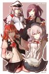  4girls :d ahoge arashi_(kantai_collection) beret blouse breasts buttons edwin_(cyberdark_impacts) epaulettes gloves graf_zeppelin_(kantai_collection) grey_eyes hagikaze_(kantai_collection) hair_between_eyes hat highres jacket kantai_collection kashima_(kantai_collection) kerchief large_breasts long_hair long_sleeves messy_hair miniskirt multiple_girls necktie open_mouth pleated_skirt purple_hair redhead short_hair short_sleeves side_ponytail silver_hair skirt smile tsurime twintails vest wavy_hair white_gloves yellow_eyes 