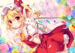  1girl animal argyle argyle_background ascot blonde_hair blue_rose blush bow chestnut_mouth dress flandre_scarlet flower hat hat_bow looking_at_viewer mob_cap open_mouth petals pink_rose puffy_short_sleeves puffy_sleeves rabbit red_dress red_eyes riichu rose sash shirt short_sleeves side_ponytail solo touhou wings wrist_cuffs yellow_rose 