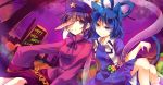  2girls animal_ears beret blue_dress blue_eyes blue_hair cat_ears cat_tail dress graveyard hair_ornament hair_rings hair_stick halloween hand_on_another&#039;s_cheek hand_on_another&#039;s_face happy_halloween hat jiangshi kaku_seiga kemonomimi_mode kutsuki_kai miyako_yoshika multiple_girls ofuda open_clothes open_mouth open_vest outstretched_arms puffy_short_sleeves puffy_sleeves pumpkin purple_hair shawl shirt short_sleeves skirt sleeves_past_wrists smile star tail touhou vest violet_eyes zombie_pose 