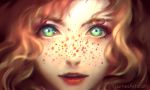  1girl close-up freckles green_eyes lips long_hair original redhead solo watermark web_address wenqing_yan 