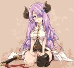  1girl bare_shoulders blue_eyes breasts granblue_fantasy hair_over_one_eye horns lavender_hair long_hair narumeia_(granblue_fantasy) one_eye_covered open_mouth pointy_ears single_thighhigh sitting solo thigh-highs thomasz 