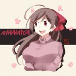  1girl :d ahoge bow breasts brown_hair character_name crossed_arms flower hair_bow hair_ornament hairclip kantai_collection large_breasts long_hair long_sleeves mamiya_(kantai_collection) open_mouth pink pink_bow pink_eyes pink_shirt ponytail shirt smile solo souji upper_body 