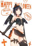  1girl aoyama_sumika bat_wings black_gloves black_hair black_legwear blush breasts brown_eyes choker cleavage coffee-kizoku corset elbow_gloves garter_straps gloves halloween hat highres looking_at_viewer mini_hat navel original short_hair single_thighhigh solo thigh-highs thigh_strap torn_clothes torn_thighhighs wings witch_hat 