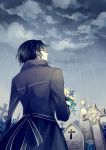  1boy black_hair bouquet cross flower formal gilbert_nightray grave graveyard pandora_hearts rain short_hair solo spoilers trench_coat winniconan yellow_eyes 