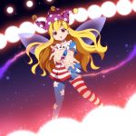  1girl aiming_at_viewer american_flag_legwear american_flag_shirt aura blonde_hair charging clownpiece danmaku fairy_wings floating foreshortening hat jester_cap light long_hair looking_at_viewer materializing short_sleeves solo space stance touhou ts1016 very_long_hair violet_eyes wings 