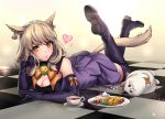  1girl animal animal_ears aruma_jiki blush boots breasts brown_hair cake candy cleavage collar cookie cup earrings elbow_gloves final_fantasy final_fantasy_xiv food gloves heart jewelry looking_at_viewer lying miqo&#039;te on_stomach orange_eyes plate rabbit saucer skirt smile tail tea teacup thigh-highs thigh_boots 