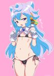  1boy bikini blue_eyes blue_hair blush gloves hacka_doll hacka_doll_3 highres long_hair micro_bikini mudou_eichi open_mouth solo swimsuit trap 