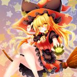  1girl aiming_at_viewer alternate_color alternate_hairstyle apron bamboo_broom bare_legs blonde_hair bow braid broom broom_riding grin halloween halloween_costume hat hat_bow highres jack-o&#039;-lantern kirisame_marisa long_hair looking_at_viewer mini-hakkero osashin_(osada) puffy_short_sleeves puffy_sleeves shirt short_sleeves skirt skirt_set smile solo star touhou twin_braids upskirt very_long_hair vest waist_apron witch_hat yellow_eyes 