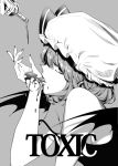  1girl alcohol alternate_costume bat_wings black_dress bottle cover cover_page dress ears english hand_up hat licking looking_at_viewer looking_to_the_side miya9 mob_cap monochrome pointy_nose pouring profile remilia_scarlet shiny shiny_hair short_hair side_glance solo spilling strap_slip touhou wings 