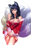  1girl absurdres ahri animal_ears bare_shoulders black_hair breasts cleavage collarbone cowboy_shot detached_sleeves eyebrows eyelashes eyeliner eyeshadow facial_mark fox_ears fox_tail highres korean_clothes large_breasts league_of_legends light_smile ling_tong_(523611665) lips lipstick long_hair looking_at_viewer makeup multiple_tails nose red_lipstick simple_background slit_pupils solo standing tail whisker_markings white_background yellow_eyes 