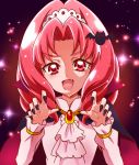  1girl :d absurdres akagi_towa bat_hair_ornament black_nails cape cravat fang go!_princess_precure hair_ornament halloween highres nail_polish open_mouth precure purple_background red_eyes redhead sharumon short_hair smile solo sparkle vampire vampire_costume 