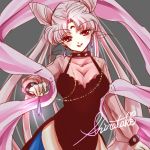  1girl artist_name bishoujo_senshi_sailor_moon black_lady breasts chibi_usa cleavage collar crescent crystal double_bun dress earrings facial_mark forehead_mark jewelry large_breasts long_hair lowres pendant pink_dress pink_hair scarf shirataki_kaiseki signature solo twintails very_long_hair 