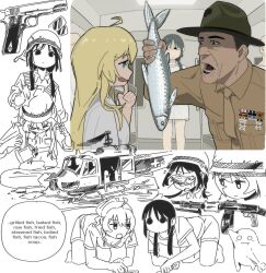  1boy 2girls aircraft aqua_eyes black_hair blonde_hair brown_necktie brown_shirt campaign_hat chito_(shoujo_shuumatsu_ryokou) closed_mouth collared_shirt english_text fish forrest_gump fubarmoe full_metal_jacket green_hat gun handgun hat helicopter helmet highres holding holding_toothbrush low_twintails m1911 military military_uniform multiple_girls multiple_views necktie nuko_(shoujo_shuumatsu_ryokou) parody sgt_hartman shirt shoujo_shuumatsu_ryokou sketch smile speech_bubble toothbrush twintails uh-1_iroquois vietnam_war weapon yuuri_(shoujo_shuumatsu_ryokou) 
