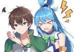  &gt;_&lt; 1boy 1girl aqua_(konosuba) blue_dress blue_hair bow bowtie brown_hair cape closed_eyes dress green_cape green_eyes green_ribbon izumo_neru kono_subarashii_sekai_ni_shukufuku_wo! ribbon satou_kazuma 