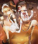  2girls absurdres baggy_shorts bandages bat blonde_hair bow detached_sleeves hair_bow hair_tubes hakurei_reimu halloween halloween_costume happy_halloween hat hat_bow highres holding_hands indo_(mdtanaka2007) jack-o&#039;-lantern kirisame_marisa long_sleeves looking_at_viewer multiple_girls shirt sitting sitting_on_object skirt smirk striped striped_legwear touhou witch_hat 