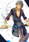  1boy andref_kanzaki boots brown_hair cosplay green_eyes highres male_focus smile sorey_(tales) tales_of_(series) tales_of_vesperia tales_of_zestiria weapon yuri_lowell yuri_lowell_(cosplay) 