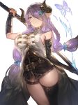  1girl aos_libido bare_shoulders black_gloves blue_eyes breasts elbow_gloves gloves granblue_fantasy hair_over_one_eye highres horns large_breasts lavender_hair narumeia_(granblue_fantasy) pointy_ears sideboob simple_background single_thighhigh solo thigh-highs white_background 
