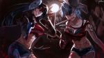  2girls axe black_hair blue_eyes breasts cosplay dark_skin freddy_krueger_(cosplay) hat highres horror jason_voorhees_(cosplay) long_hair multicolored_hair multiple_girls muscle night psychic_hearts redhead short_hair silver_hair sword two-tone_hair violet_eyes weapon 