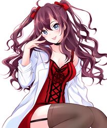  1girl blue_eyes breasts brown_hair garter_straps highres ichinose_shiki idolmaster idolmaster_cinderella_girls labcoat long_hair looking_at_viewer open_mouth shiguri smile solo thigh-highs twintails 