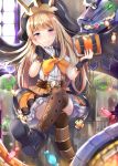  1girl bangs bell belt blonde_hair blush book bowtie brown_legwear buttons cagliostro_(granblue_fantasy) candy cape crossed_legs dust frilled_skirt frills glowing granblue_fantasy grimoire halloween_costume hand_on_own_cheek hat holding holding_book indoors jingle_bell looking_at_viewer machinery mismatched_legwear nail_polish orange_skirt purple_shoes shirt shoes sitting skirt smile solo striped striped_legwear suspenders sweets tailam thigh-highs throne violet_eyes white_shirt window zettai_ryouiki 