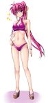  1girl bare_shoulders bikini blue_eyes blush bracelet breasts cleavage collarbone hair_ribbon jewelry long_hair lyrical_nanoha mahou_shoujo_lyrical_nanoha mahou_shoujo_lyrical_nanoha_a&#039;s midriff navel pink_bikini pink_hair ponytail ribbon sen_(sansui) shiny shiny_hair shiny_skin signum slippers smile solo sparkle sports_bikini swimsuit 